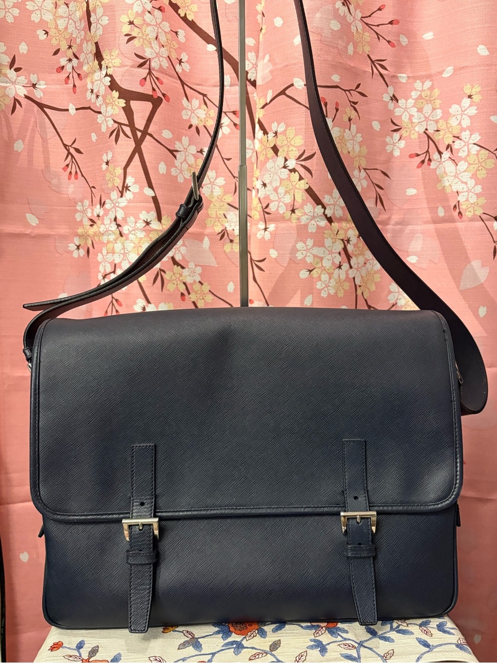 Prada Saffiano Leather Messenger Crossbody Laptop Bag Midnight Blue COA